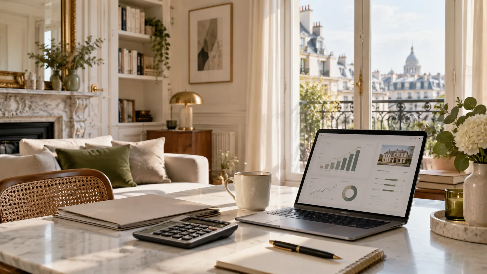 Étude d'un dossier de financement dans un salon haussmannien, vue sur les toits de Paris