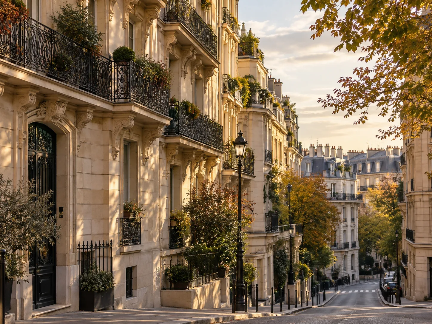Rue parisienne bordée d'immeubles haussmanniens, lumière dorée de fin d'été