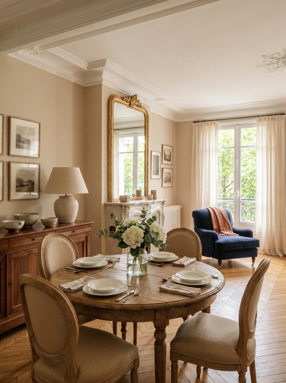 Salle à manger raffinée d'un appartement haussmannien à Paris