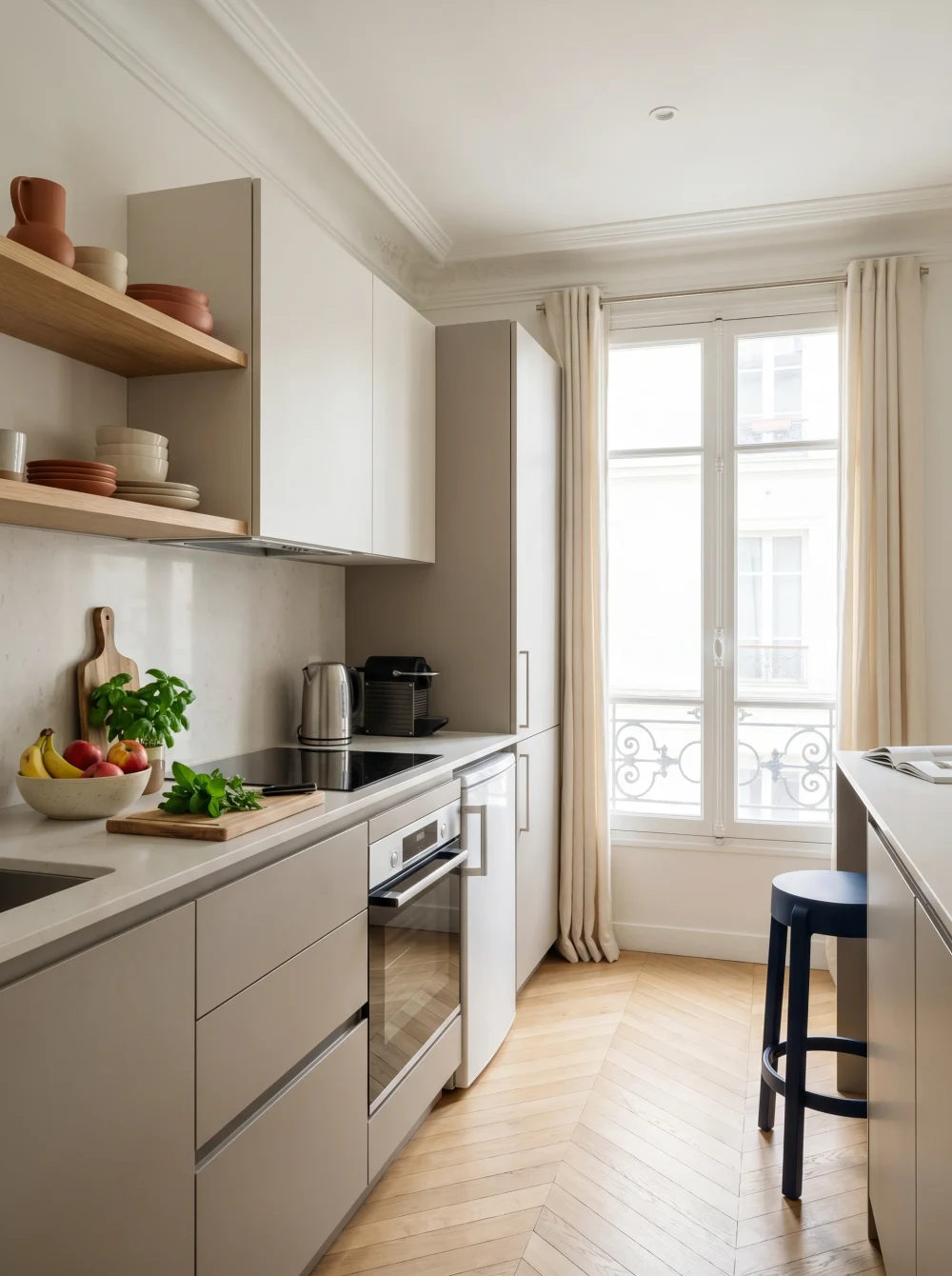 Cuisine compacte moderne d'un appartement locatif à Paris