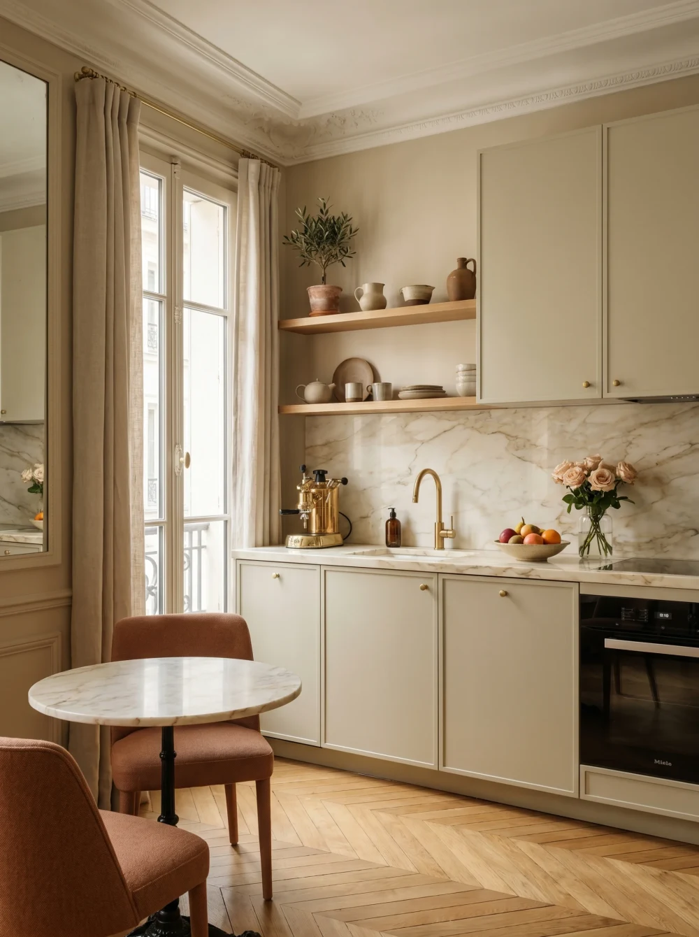 Coin cuisine élégant d'un pied-à-terre parisien