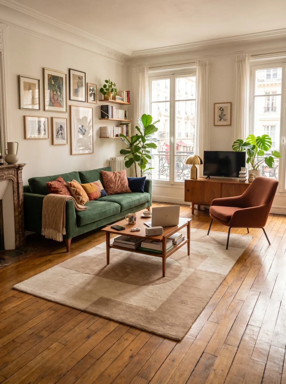 Salon d'un premier appartement parisien, contemporain et lumineux