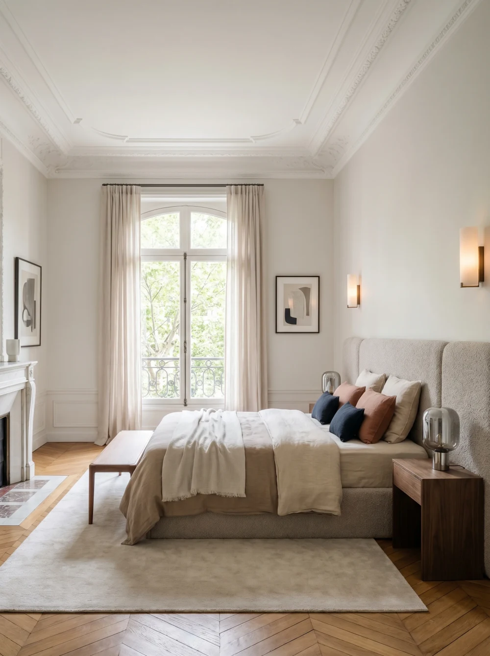 Chambre contemporaine d'un appartement haussmannien à Paris