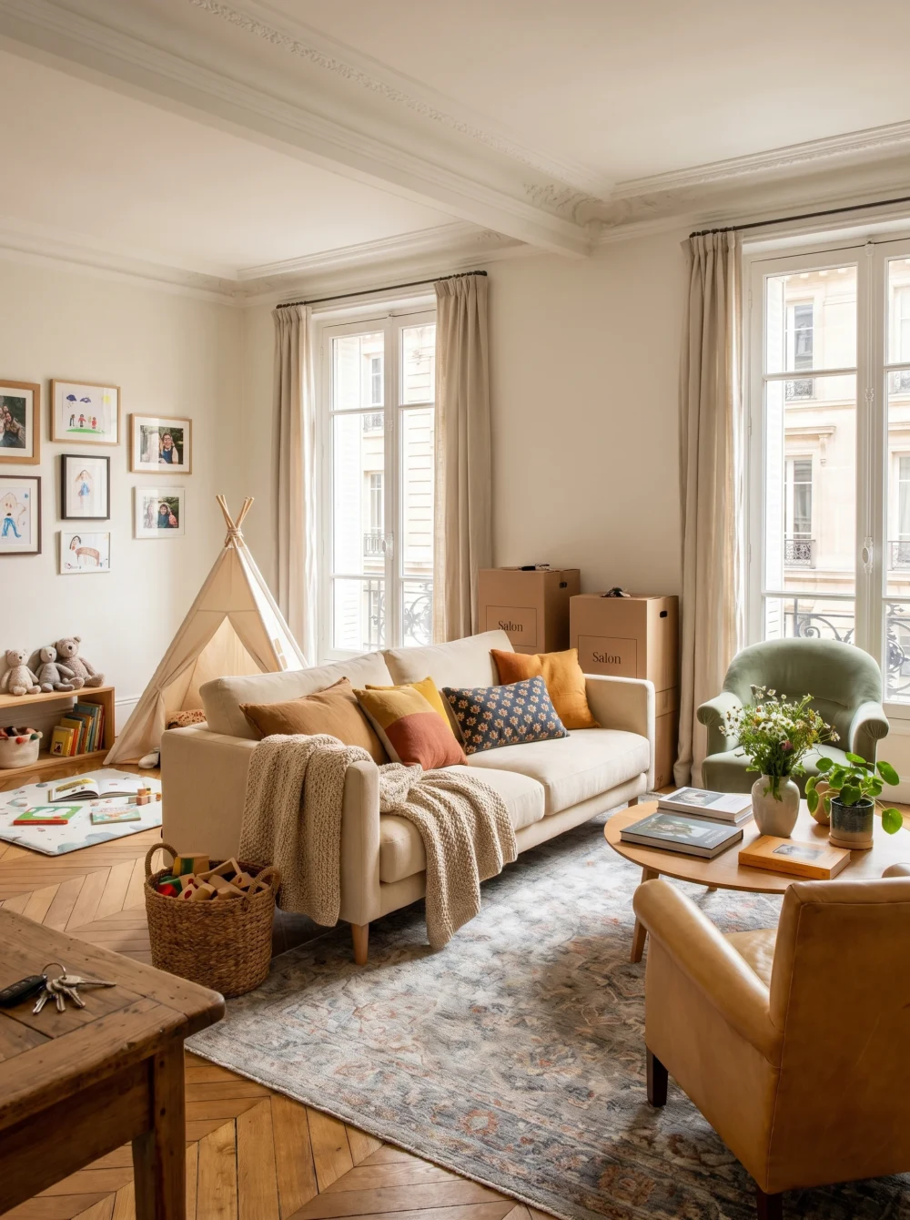 Salon familial d'un appartement parisien spacieux, nouvel emménagement