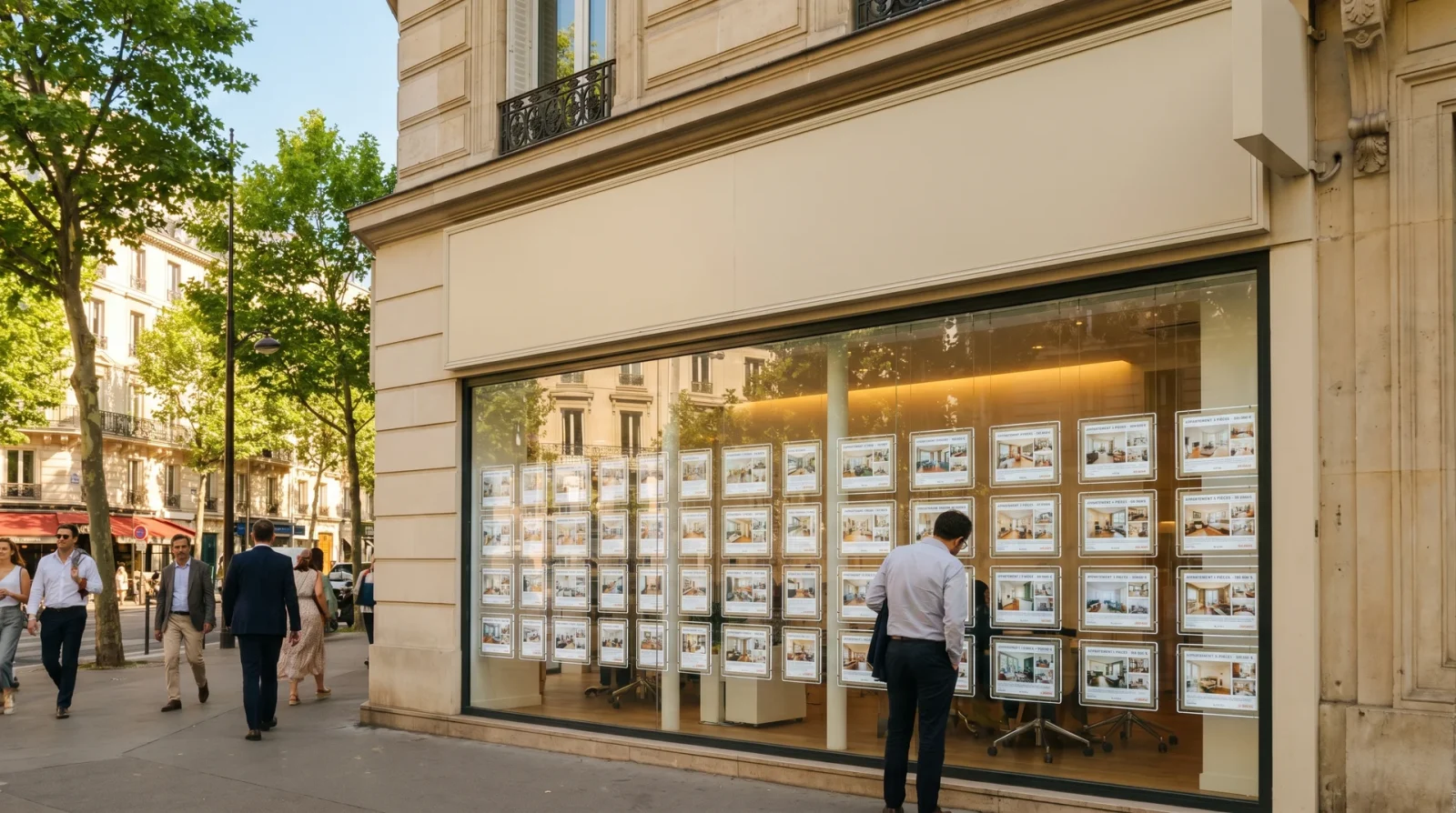 Devanture d'une agence immobilière parisienne, vitrine d'annonces