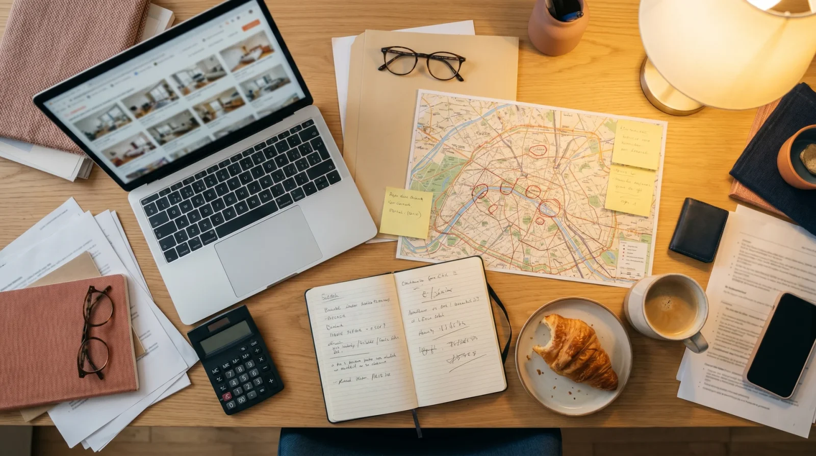 Bureau couvert d'annonces, plan de Paris et notes d'une recherche immobilière en solo
