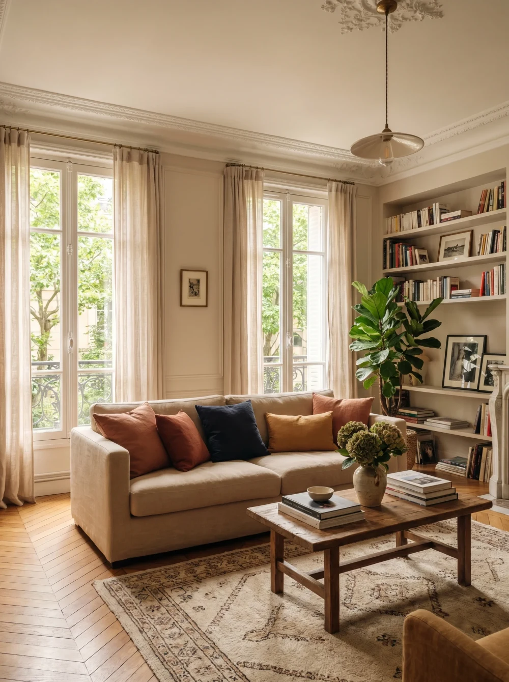 Salon serein d’un appartement parisien